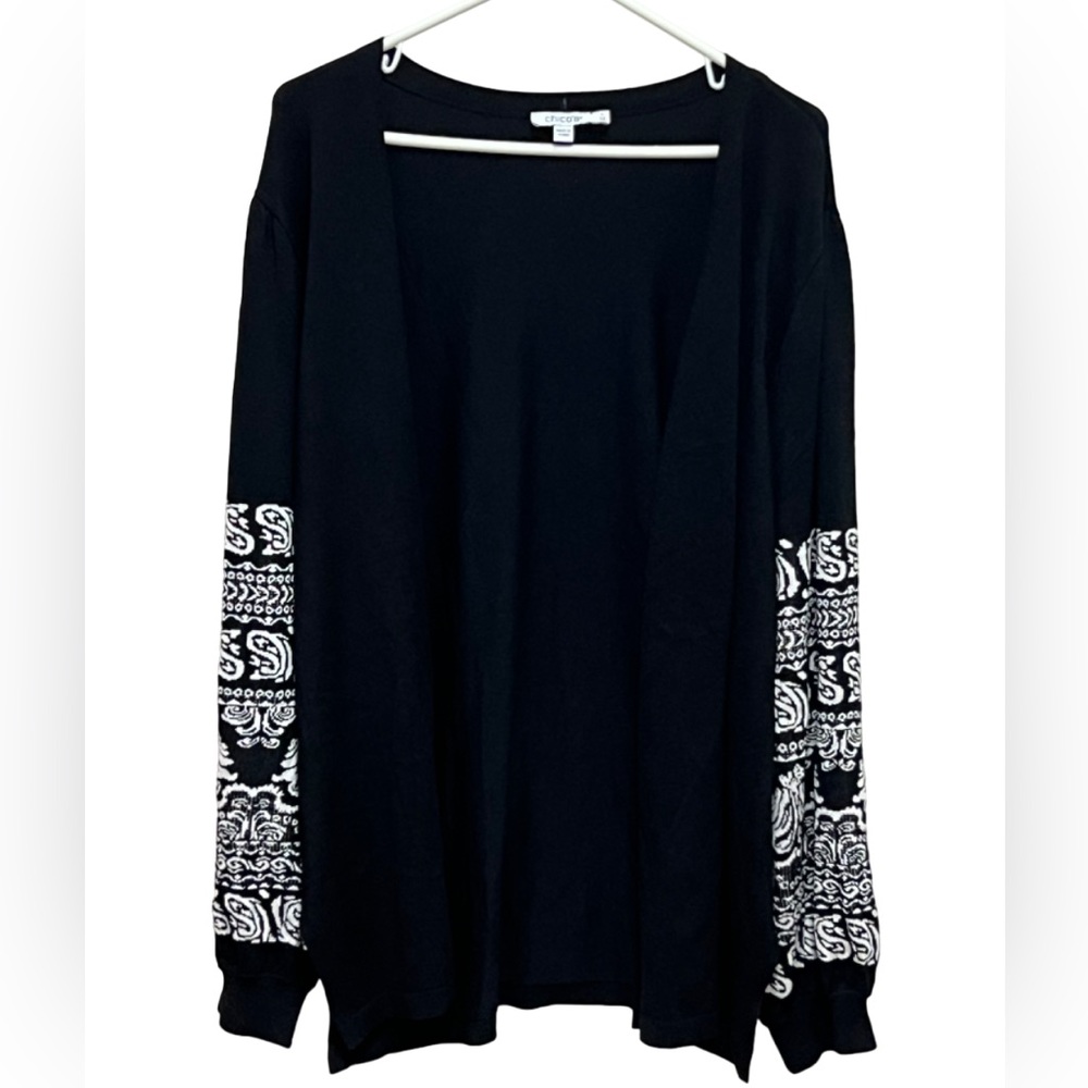 Chico’s Spun Rayon Jaquard Sleeve Cardigan black white open front size XXL NWT